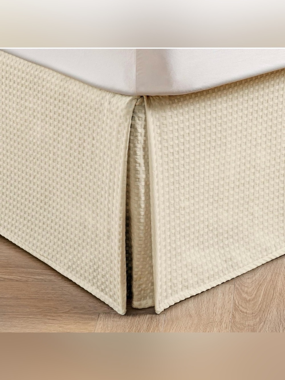 Pleated Waffle Weave Bed Skirt, 14" Drop, No Split Corners (Light Beige, Twin)